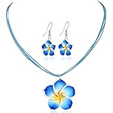 Hebelee Plumeria Flower Earrings Necklace Jewelry Set for Women Bohemian Tropical Flowers Dangle Earring Pendant Necklace Beach Hawaiian Party Accessories