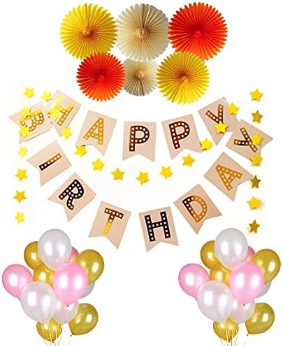 37PCS Birthday Decorations kit Beautiful Paper Fan with Happy Birthday Decorations Banner for Birthday Party Decor Wall Hanging Decoration - 6pcs Paper Fan,1 banner &amp; star,30pcs Thickness Balloons