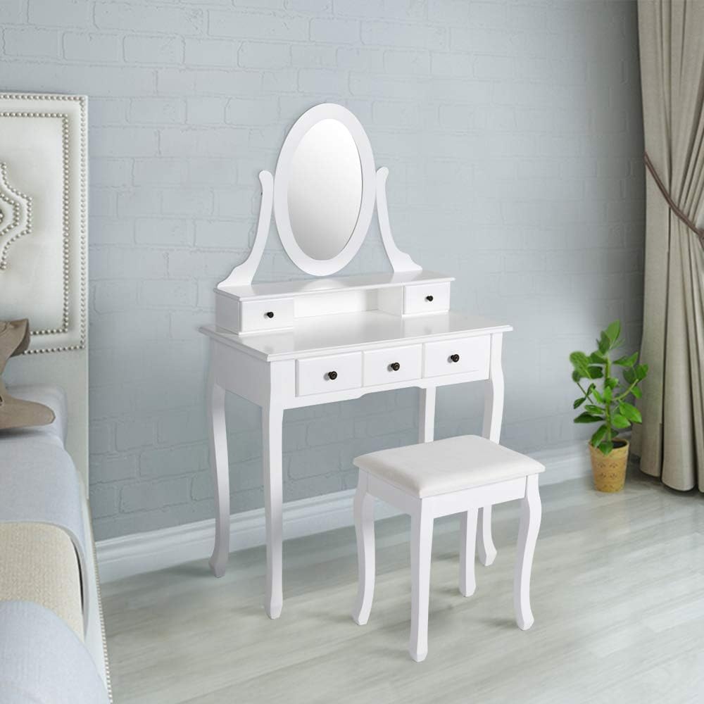 Kinsuite Vanity Makeup Table Set With 4 Sliding Drawers And Oval Spinning Mirror Make Up Dressing Table With Cushioned Stool Gift For Mom Women Girls White Kitchen Dining Cjp Org In
