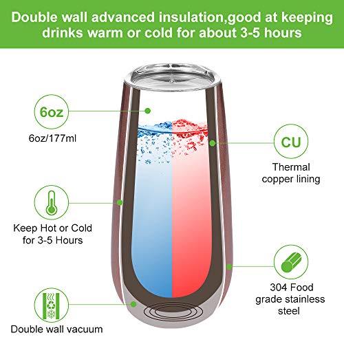 Champagne Flutes,Binken 4 Pack Stemless Champagne Flute,6 OZ Champagne Glasses Double Insulated Wine Tumbler with Lid and Cleaning Brush-Perfect for Hot or Cold Drinks (4 Different Colors)