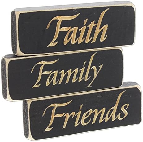 Set of 3 Heartwood Hollow 5" x 1.5" Inspirational Engraved Wood Block Signs (Faith Family Friends)