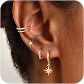 NECOCY 4 Pairs 14k Gold Hoop Plated Earrings Set for Women - Huggie Dangle Stack - Trendy Multiple Piercing Stud CZ Ear Cuff - Non Tarnish Jewelry