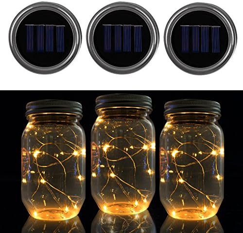 Premium Mason Jar Lights Top Quality 10 LED Warm White Solar-powered Fairy Lights Lids (3 Pack) Insert for Decorating Christmas, Wedding, Holiday or Other Parties(Jars Not Included)