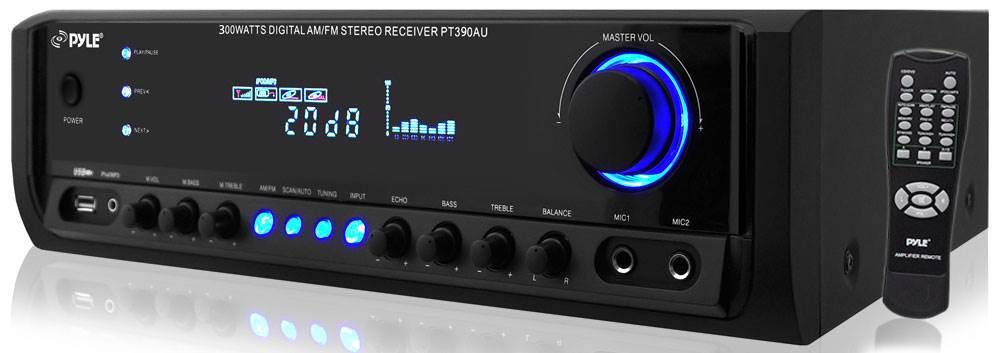 Pyle Amplificador de potencia de audio para el hogar de 300 W, 4 canales, receptor estéreo con USB/RCA/AUX/2 entradas de micrófono con eco/LED/EQ/pantalla digital/control remoto - Para PA - iPhone - Karaoke - Entretenimiento en el hogar - PT390AU