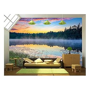 Foggy Sunrise Over Forest Lake - Removable Wall Mural | Self-Adhesive Large Wallpaper - 66x96 inches