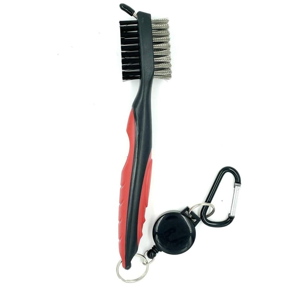 KOMUNJ Golf Club Brush 3 in 1 Club Groove Cleaner Retractable Zip-Line Double-Sided Nylon for Club Surfaces, Grooves and Golf Shoes and Golf Bag - Stainless Steel Brush - Groove Cleaner