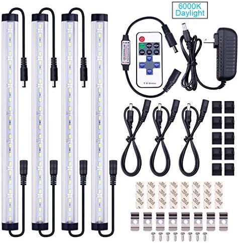 SUNWOW Dimmable LED Under Cabinet Lighting Kit - 4pcs Extendable Under Counter LED Light Bars with Remote Control for Kitchen, Utility rooms, Shelf, Show Case Lighting (White)