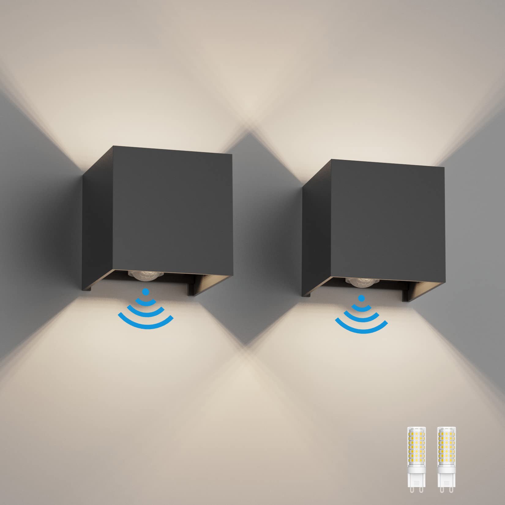 Klighten 2PCS Outdoor Wall Light with Motion Sensor, Waterproof IP54 Outside Wall Lamps with Sensor, Adjustable Beam Angle, Natural White 4000K, Dark Grey (G9 LED Bulb Include) — image 1