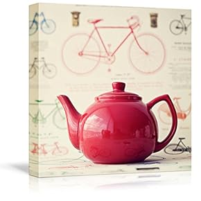 Vintage Red Teapot with Bicycle Background