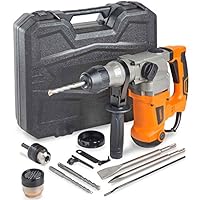 VonHaus 10 Amp Electric Rotary Hammer Drill with Vibration Control, 3 Drill Functions and Adjustable Handle - Includes SDS Plus Drill Demolition Kit, Flat and Point Chisels with Case