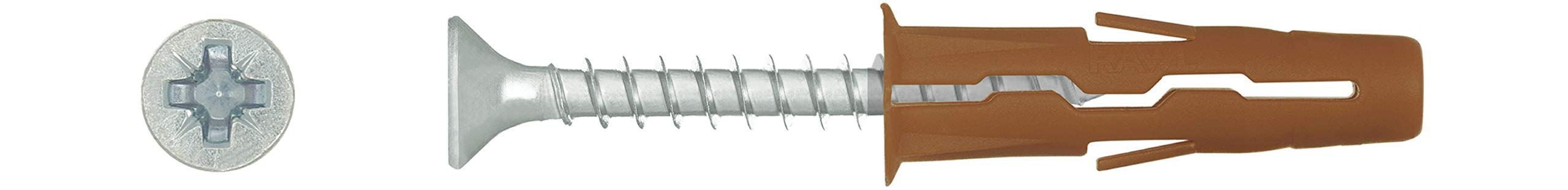 Rawlplug Uno Brown Universal Dowels 7 x 30 mm + 4 x 40 mm - Pot of 200 Dowels + 200 Screws