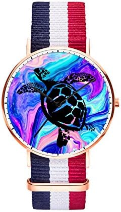 SunbirdsEast Sea turtle Watch Nylon Band For Men 40mm Analog Quartz Wrist Rose Gold Unisex Stainless Steel Children Nylon Multi-Color Striped Band Watch