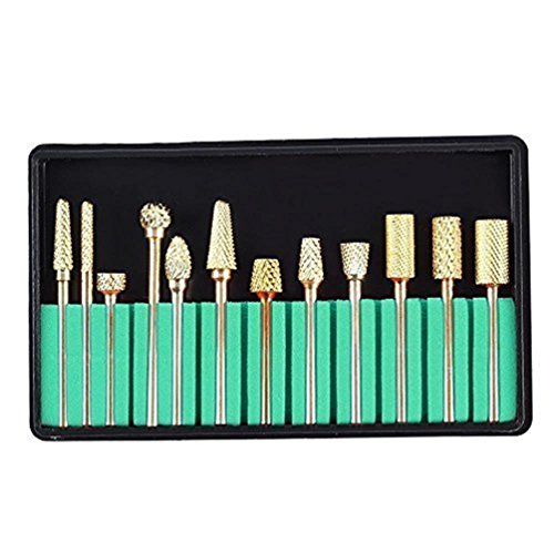 TAROMAING 12Pcs 3/32'' Pro Gold Coated Carbide Electric Nail Drill Bits Grinding Head Set Nail Art Products DIY New Quality