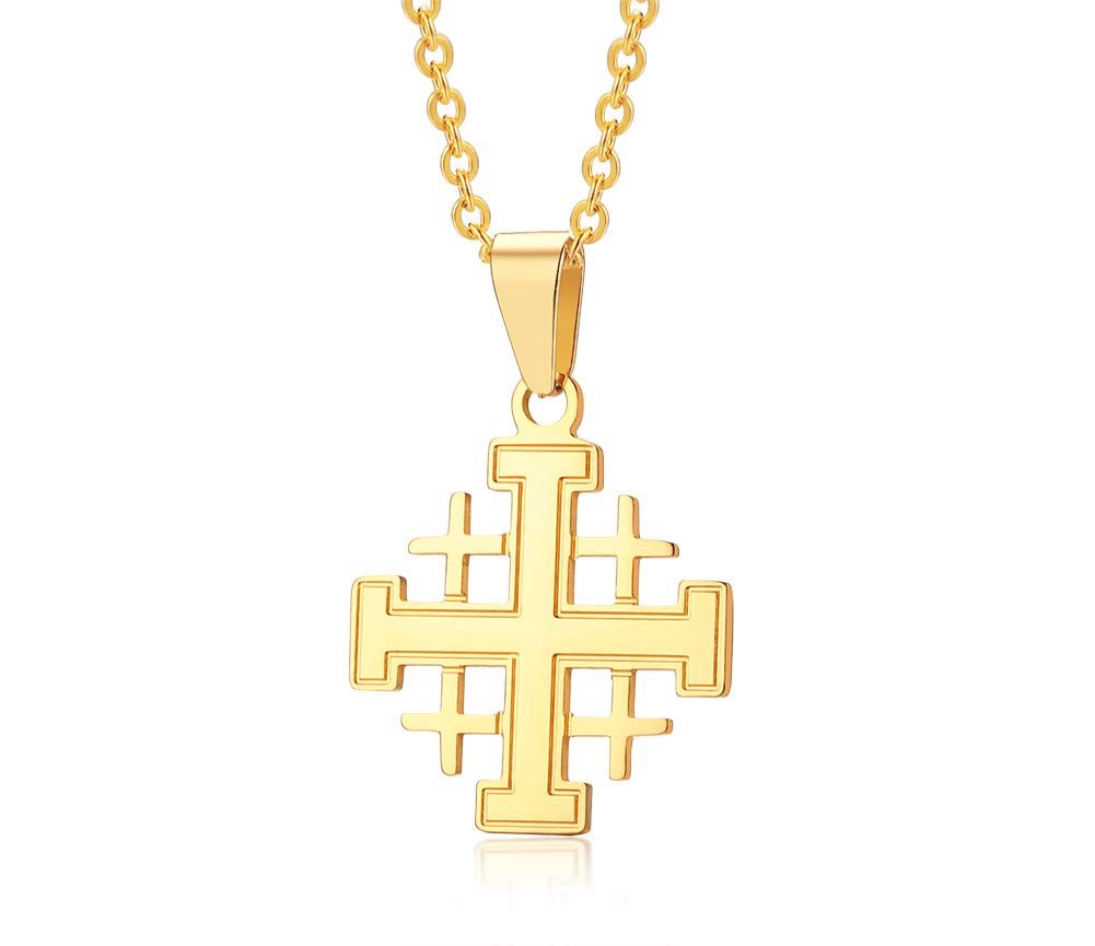 PJ JEWELLERY 18k Gold Plated Stainless Steel Holy Jerusalem Cross Bethlehem Crusaders Cross Pendant Necklace for Men Women with Chain