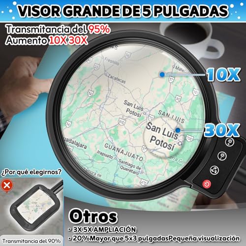 URPOWㅤ Lupa con Luz Led 30X 10X, LLámpara con Lupa 2 en 1, 3 Modos de Color, Oscurecimiento de 10 Niveles, para el Hogar, Oficina, Lectura, Costura, Bordado (Negro)
