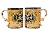 Fine Porcelain Set of 2 Gold Black Amber Coffee Cups Tea Mugs, Greek Pattern Medusa Design, 13 Oz, Gold-plated Ornament