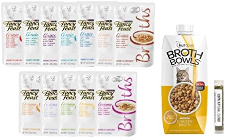 Broths Wet Cat Food Pouches Variety Bundle, 13 Different Flavors, Fancy Feast Broths &amp; Fruitables Broth and 1 .2 Ounce Tube of Amazing Cat Catnip