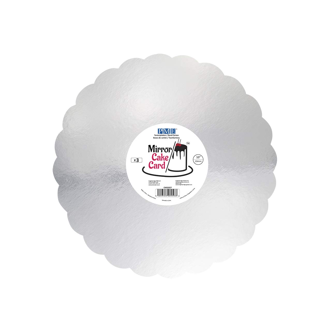 PME Mirror Cake Card-Scallop-Metallic Silver-Pack of 3,25cm/10 Inch