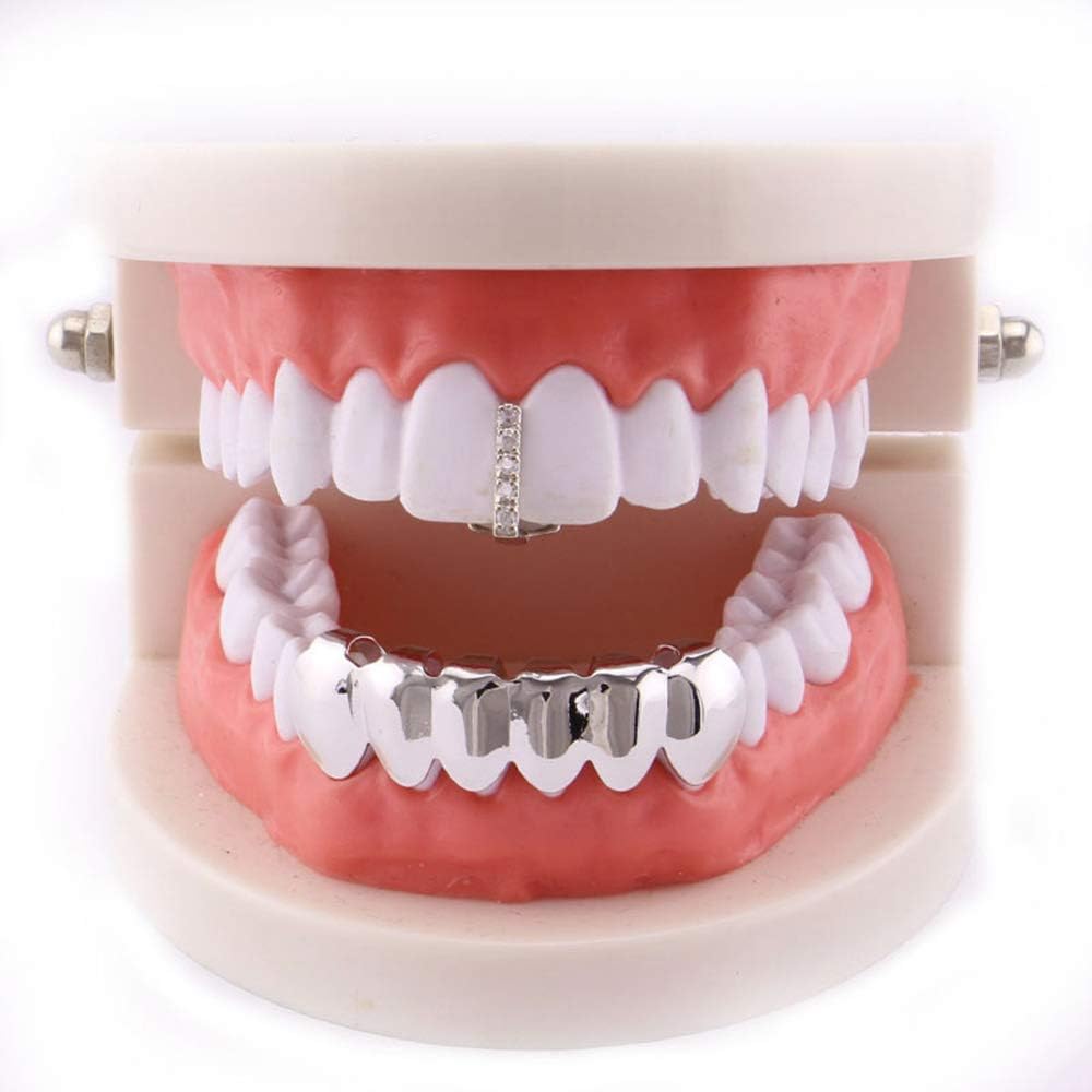 Yzibei Cool Unisex Creative Gold Plated Hip Hop Bling Tooth Set Top & Bottom Grill Teeth Caps - High Glossy for Adults Costume Party Accessories (Color : Silver)