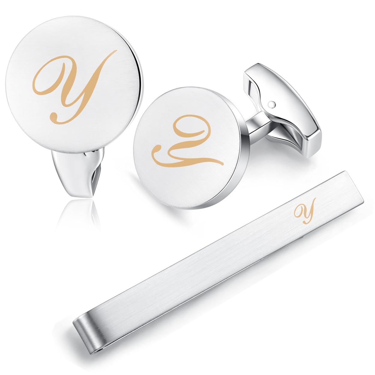 HONEY BEAR Initial Alphabet Letter Cufflinks Tie Clip Set for Mens - Brushed Silver Round for Business Wedding Gift A - Z