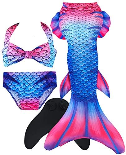 Mermaid Tails for Swimming,with Monofin,Children Mermaid Clothing Cosplay,Swimmable Tail Swimsuit 4PCS Sets