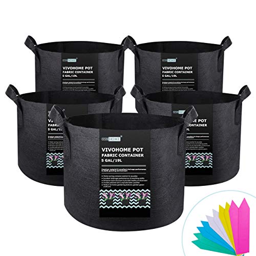 VIVOHOME 5-Pack Thickened Non Woven 5 Gallon Grow Bag Portable Aeration Fabric Garden Vegetable Planting Pots with 10 PCS Plant Lables
