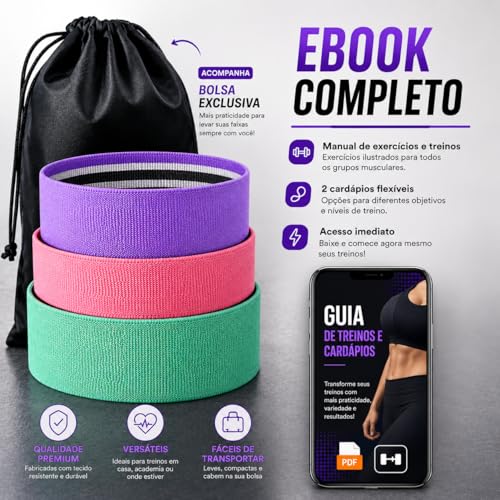 Kit 3 Faixas Elásticas Hip Band Premium | Antideslizantes e Não Enrolam | Potencialize seus Treinos | Bolsa + Guia de Exercícios e Cardápios Completos