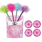 Locker Accessories Set - RoomLookz Flower Bin and Matching Gem Magnets (4) and 4 Maribou Fluffy Feather Pens (Pink)