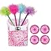 Locker Accessories Set - RoomLookz Flower Bin and Matching Gem Magnets (4) and 4 Maribou Fluffy Feather Pens (Pink)