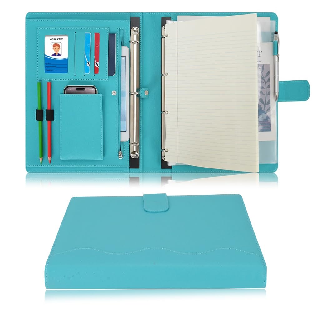 Wonderpool A4 PU Leather 4 Ring Holder Writing Portfolio Multi Document Case with Removable Binder Clipboard and Functional Pocket for Organizer Office Travel School (Cyan) — image 1