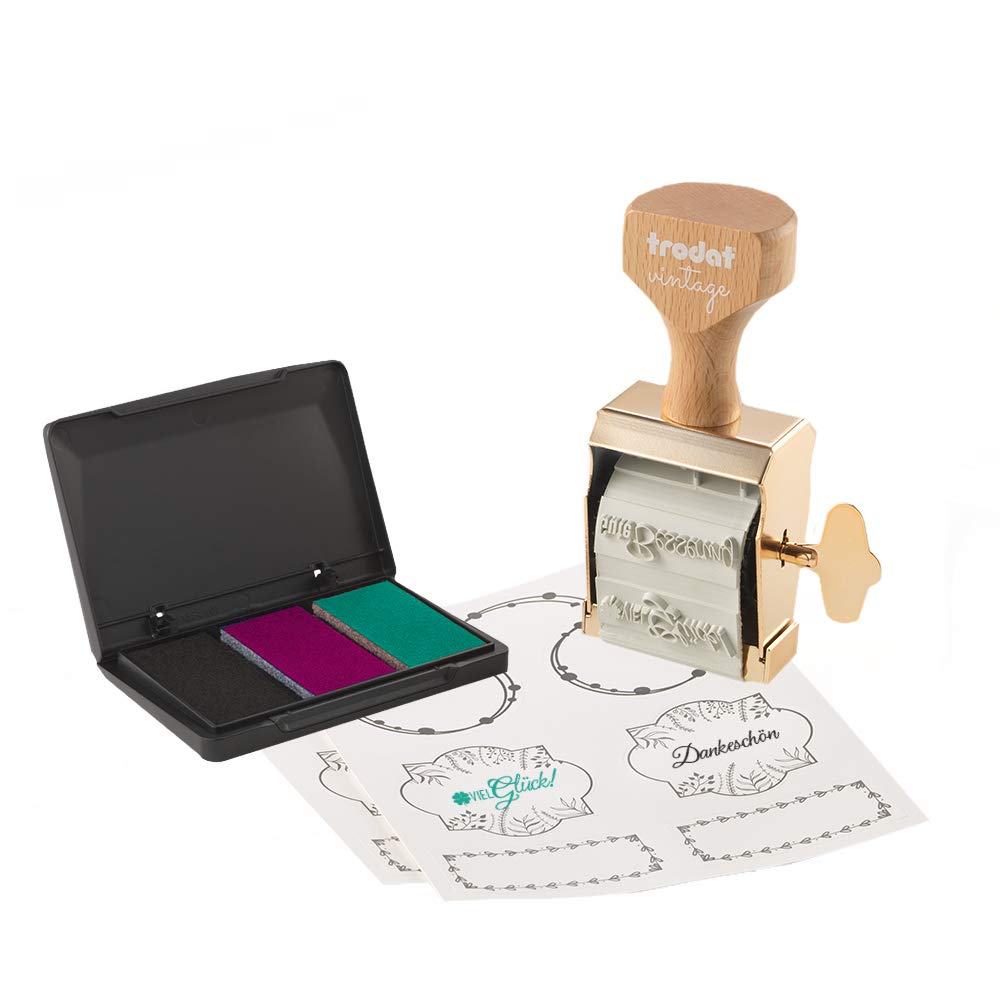 Trodat Vintage Stamp with 6 German Texts and Ink Pad with 3 Colours