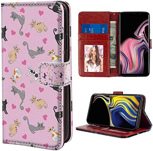 Samsung Galaxy Note 9 (2018) (6.4inch) Wristlet Wallet Case Kitty Cats in Different Colors and Patterns Among Pink Hearts Resting Happy Stretching Multicolor with Magnetic Case