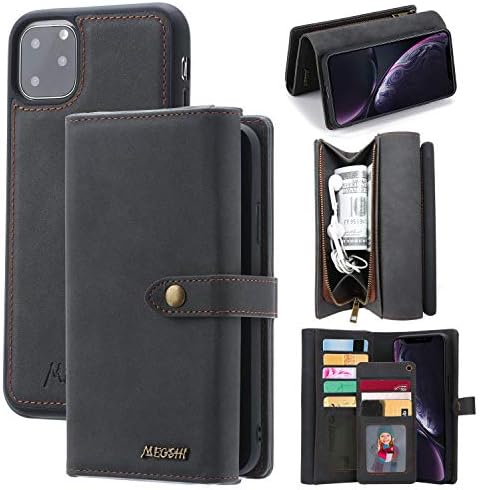 iPhone 11 Pro Max Leather Wallet case, HATA iPhone 11 Pro Max Detachable Magnetic Zipper Flip Wallet Case Removable Front Pocket 10 Card Slot Holder Purse Clutch Cover for Man Women (Gray)