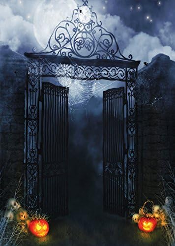 5x7ft Halloween Horror Nights Moon &amp; Mysterious Door &amp; Hallowmas Costume Party Masquerade Decoration Photography Backdrop Vinyl Pictorial Cloth Photo Video Studio Props Customized Background AA-032