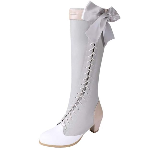 Zanpa Damen Stylish Bogen Kniehohe Stiefel Niedrige Schnüren