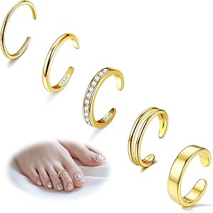 ShinyStyle J4You 5Pcs 14K Gold Filled Toe Rings for Women Non Tarnish Adjustable Gold CZ Wide Band Toe Rings Summer Beach Wat