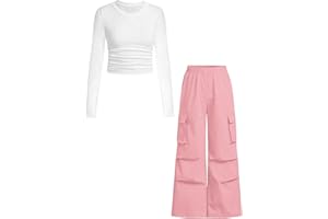 Azmxynol Girls Clothes 2 Piece Outfit Ribbed T-Shirt Top + Cargo Pants, Girls Fall Clothing Set, Sizes 5-16 Years