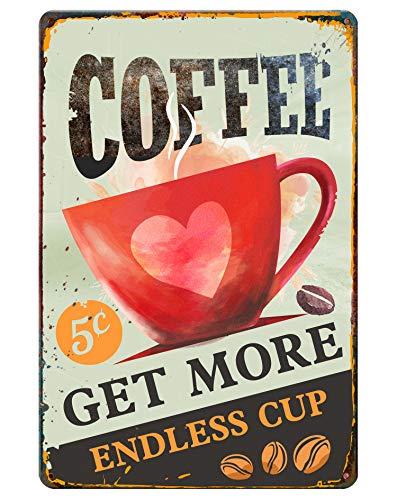 GSS Designs Get More Coffee Metal Tin Sign (12x8 Inch) - Vintage Feel Rustic Home Bathroom Bar Wall Decor Metal Tin Decorative Sign Plaque (MTS-002)