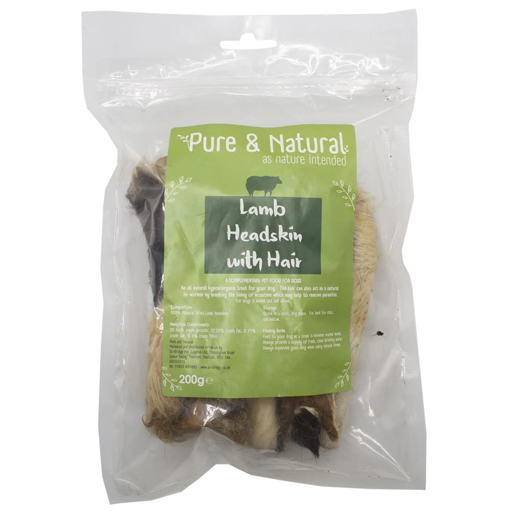 Pure & Natural Lamb Head Skin with Hair - Hypoallergenic, Healthy, All Natural Dog Chews Long Lasting Natural Puppy Treats (8 Weeks and Over) - 200g Bag