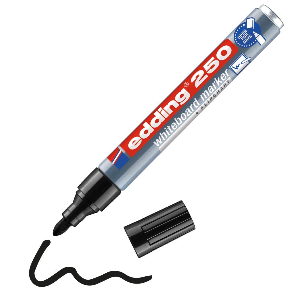 edding 250 whiteboard marker - black - 1 whiteboard pen - round nib 1.5-3 mm - whiteboard pen dry wipe - for whiteboards, flipcharts, pinboards, magnetic and memo boards - sketchnotes - refillable