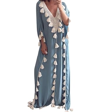 Zezkt Robe Bohème Femme Robe De Gland Loose Robes De Plage Chic Robe à 34 Manches Dété Grande Taille Robe Causal Robe De Cocktail Robe De Soirée