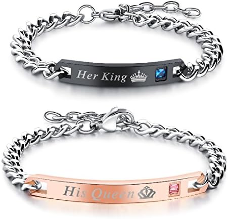 His and Hers Titanium Stainless Steel Chain Matching Set Bracelet for Couple Anniversary Gift (His Queen Her King)