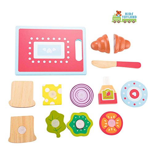 KIDS TOYLAND Wooden Sandwich-Making Set Play Food Set for Kids - Pretend Play Learning Educational Kitchen Toys Toddlers Breakfast Hand-Painted Wooden Pieces (13pcs)