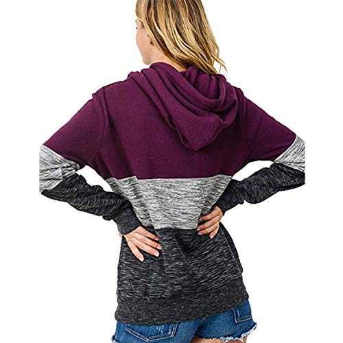 Women Hoodies Stripe Long Sleeve Cowl Neck Drawstring Pullover Sweatshirts Tops Wine