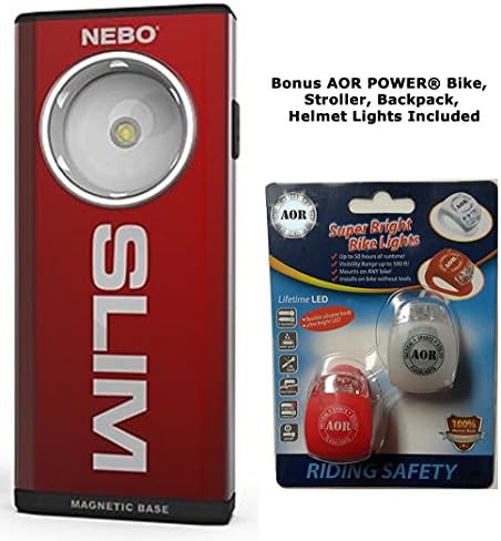 NEBO SLIM # AOR6694R 500 Lumen Rechargeable Pocket Light with full dimming and Power Memory Recall. Bonus AOR POWER Bike, Stroller, Backpack, Helmet Lights Included. (Red)