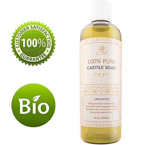 100% Pure Castile Soap Unscented Liquid Mild Soap for Body or Home Use with Olive Oil and Glycerin Nourishing Natural Skin Care Vegan Friendly All Purpose Cleaner Detergent Free & SLS Free Daily Soap