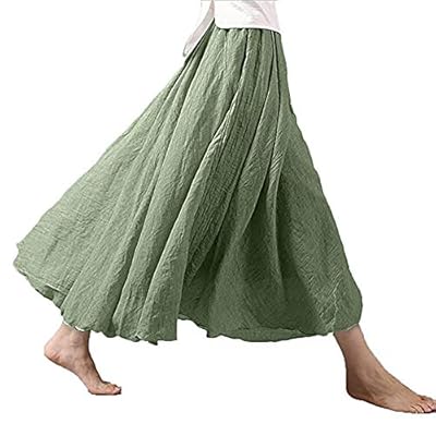 Women Long Bohemian Skirt Elastic Cotton Linen Waist Band Hippie Beach Full Length Pleated Maxi Skirts Dress
