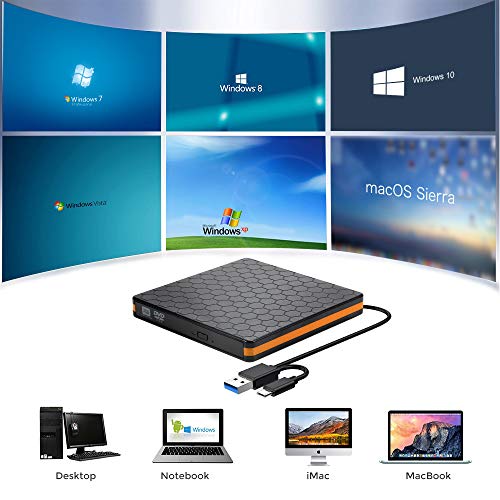 CD DVD Drive, USB 3.0 & Type-C Optical DVD Drive, External USB C VCD/DVD/CD -ROM/ -R/ +R /-RW Burner Reader Writer Player, Suitable for Laptop/Desktop/MacBook, Compatible with Windows/Linux/MAC OS - Thumbnail 3