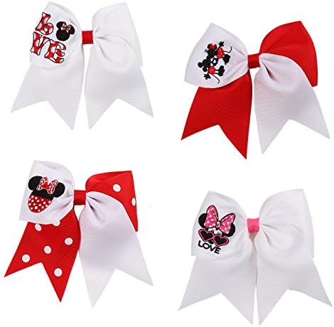 4-Pack 6'' Cheer Bows for Baby Girls, Hair Bows with Clips, Embroidery Minnie Mouse Patterns, Free Gift Box and Gift Card