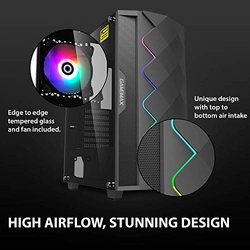 GameMax Black Diamond ARGB Mid-Tower PC Gaming Case, ATX, 3 Pin Aura Male & Female Connectors, Built in ARGB LED Strip, 1 x 120mm ARGB Fan Included, Water-Cooling Ready | Black